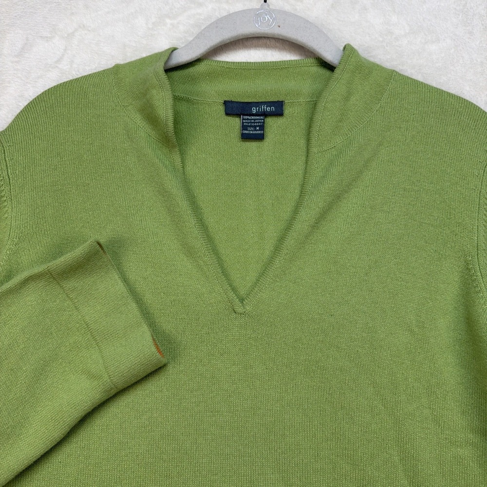 Griffen‎ Cashmere Sweater Women's Medium Green V Neck Made Japan Soft Knit Top